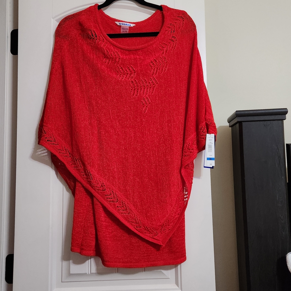 Red Knit Poncho with Leaf Pattern